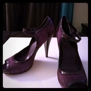 Aldo, open toe skinny, purple suede heels